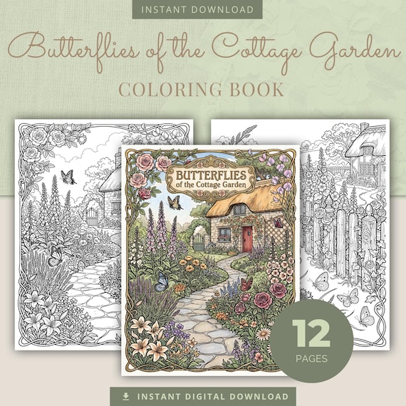 Cottagecore Butterfly Coloring Book, 12 Art Nouveau Printable Adult Coloring Pages PDF
