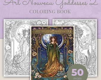 Goddess Coloring Book, Shadow World, 50 Art Nouveau Printable Adult Coloring Pages PDF