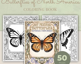 Butterfly Coloring Book, 50 Art Nouveau North American Printable Adult Coloring Pages PDF
