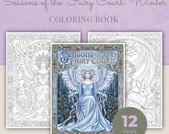 Winter Fairy Court Coloring Book, 12 Art Nouveau Fantasy Portraits Printable Adult Coloring Pages PDF