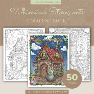 Magic Storefront Coloring Book, Fantasy Town Printable Adult Coloring Pages PDF