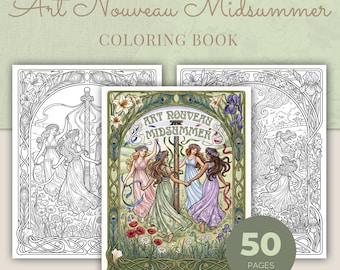 Midsummer Coloring Book, 50 Art Nouveau Summer Solstice Printable Adult Coloring Pages PDF