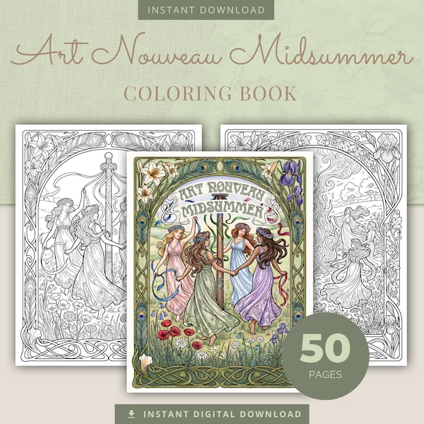 Midsummer Coloring Book, 50 Art Nouveau Summer Solstice Printable Adult Coloring Pages PDF