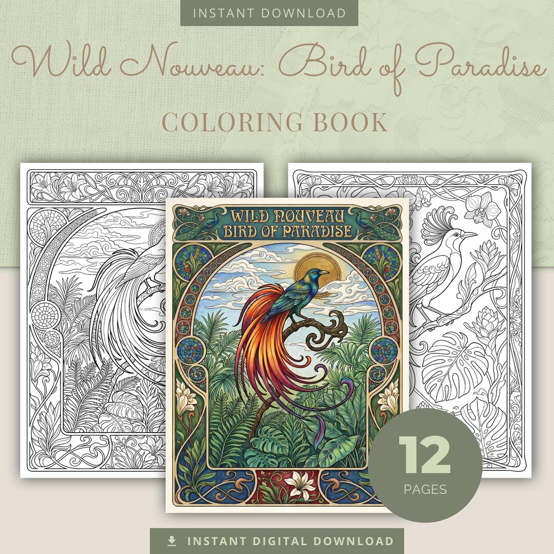 Bird of Paradise Coloring Book, 12 Exotic Art Nouveau Printable Adult ...