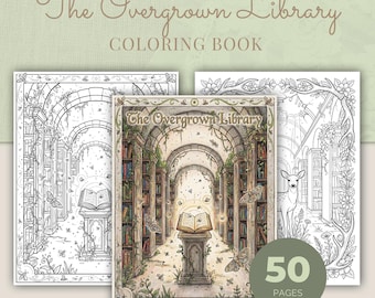 Overgrown Library Coloring Book, 50 Botanical Printable Adult Coloring Pages PDF
