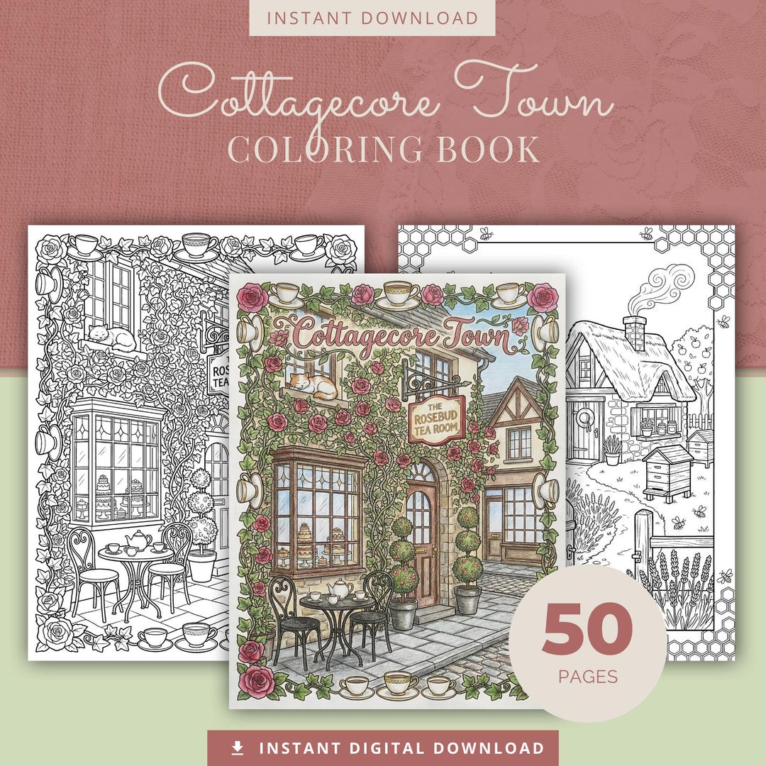 Rustic Coloring Books Cottagecore Town Coloring Book, Rustic Village Scenes (instant Download ...