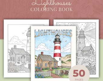 Lighthouse Coloring Book, 50 Nautical Landscape Printable Adult Coloring Pages PDF