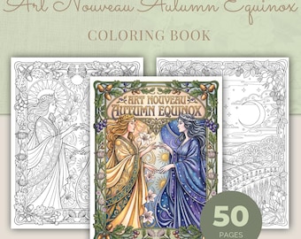 Autumn Equinox Coloring Book, 50 Art Nouveau Seasonal Printable Adult Coloring Pages PDF