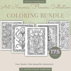 May include: A coloring bundle featuring Art Nouveau flower designs. The bundle includes five coloring books with intricate floral illustrations. The text on the image reads "COLORING BUNDLE" and "175 PAGES". The image also includes the text "INSTANT DOWNLOAD" and "INSTANT DIGITAL DOWNLOAD".