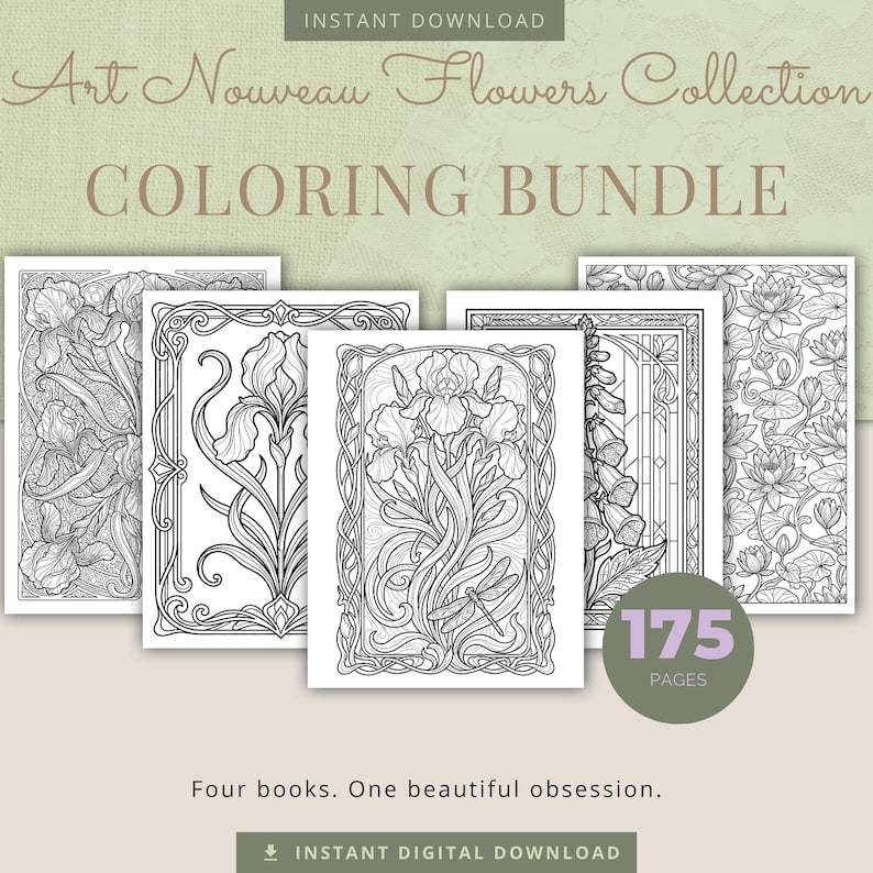 May include: A coloring bundle featuring Art Nouveau flower designs. The bundle includes five coloring books with intricate floral illustrations. The text on the image reads "COLORING BUNDLE" and "175 PAGES". The image also includes the text "INSTANT DOWNLOAD" and "INSTANT DIGITAL DOWNLOAD".