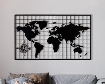 Modern Metal World Map Wall Art with Grid, Large Wall Decor, Minimal Travel Map, Office Wall Art, Explorer Gift