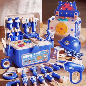 May include: A blue and white toy workbench set with various tools, including hammers, wrenches, and a drill. The set includes a toolbox, a small stool, and a blue hard hat. The text "ELECTRIC DRILL INCLUDED!" is visible.