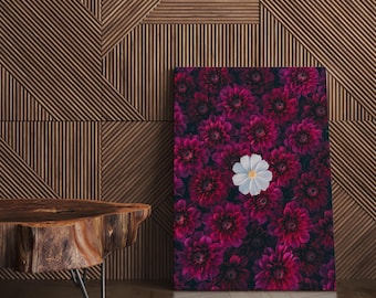 May include: A canvas print featuring a vibrant field of deep magenta dahlias, with a single white flower at the center. The artwork is displayed against a textured wooden wall and a wooden floor.