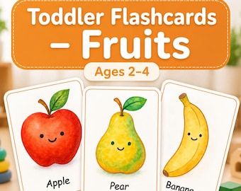 Cartões de frutas para crianças pequenas, cartões de aprendizagem para imprimir, atividade pré-escolar, nomes de frutas para crianças em PDF