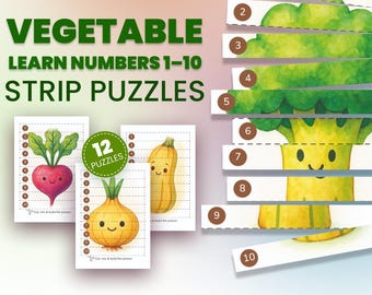Gemüse Streifen Puzzles - Zahlenlernen 1-10 Ausschneiden & Einfügen Aktivität (Digitaler Download)