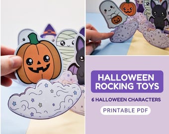 Op de afbeelding: Een set van zes Halloween-wipfiguren met papieren uitsparingen van een pompoen, geest, mummie, vleermuis en heks op gebogen, met sterren bedrukte voetjes. De tekst HALLOWEEN ROCKING TOYS 6 HALLOWEEN CHARACTERS PRINTABLE PDF is zichtbaar.