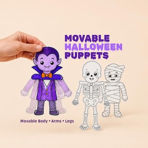 Peut inclure: Trois découpages en papier de personnages d'Halloween incluant un vampire violet, un squelette blanc et une momie blanche. Le texte indique MOVABLE HALLOWEEN PUPPETS et Movable Body • Arms • Legs. Le vampire porte un costume violet et un nœud papillon orange.