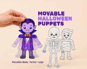 May include: Three paper cutouts of Halloween characters including a purple vampire, a white skeleton, and a white mummy. The text reads MOVABLE HALLOWEEN PUPPETS and Movable Body • Arms • Legs. The vampire has a purple suit and orange bowtie.