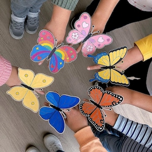 Printable Butterfly 3D Paper Craft for Kids, 6 Movable Finger Puppets, Spring Cut and Glue Activity PDF