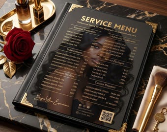 Beauty Service Menu Template for Salon Price List, Editable Canva A4 Luxury Black Gold