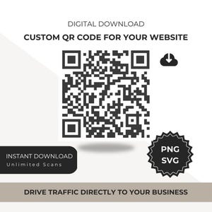 Puede incluir: Un código QR en blanco y negro para un sitio web, con el texto "DESCARGA DIGITAL CUSTOM QR CODE FOR YOUR WEBSITE". Incluye el texto "DESCARGA INSTANTÁNEA Escaneos ilimitados" y "DRIVE TRAFFIC DIRECTLY TO YOUR BUSINESS". La imagen también tiene un logotipo PNG y SVG.