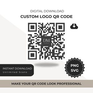 Può includere: Una grafica scaricabile digitalmente con un codice QR. L'immagine include il testo "DOWNLOAD DIGITALE CUSTOM LOGO QR CODE" e "DOWNLOAD IMMEDIATO Scansioni illimitate". Un logo è al centro del codice QR. L'immagine include anche il testo "PNG SVG".