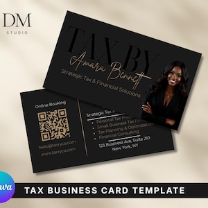 Puede incluir: Plantilla de tarjeta de visita negra con texto dorado y foto de una mujer. La tarjeta dice "TAX BY Amara Bennett" y enumera servicios como preparación de impuestos y consultoría financiera. El banner inferior dice "TAX BUSINESS CARD TEMPLATE".