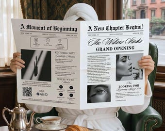 Modello di giornale per aziende, design Canva modificabile per inaugurazioni e servizi fotografici.