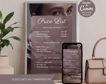 Editable Nail Salon Price List Template, Beauty Service Menu (Canva)