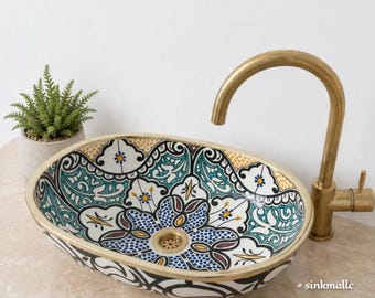 Lavabo ovalado de cerámica marroquí pintado a mano – Decoración de baño estilo bohemio
