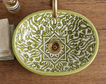 green artisan Ceramic Sink – Boho  Vanity sink ,crafts bathroom sink ,handmade ceramic sink , free shipping