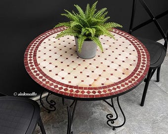 Mesa de centro redonda de mosaico personalizable – Mesa artesanal de exterior hecha a mano de mediados de siglo