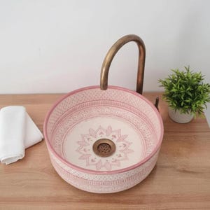 Handmade Pink Moroccan Vessel Sink – Countertop Ceramic Basin, Free Drain