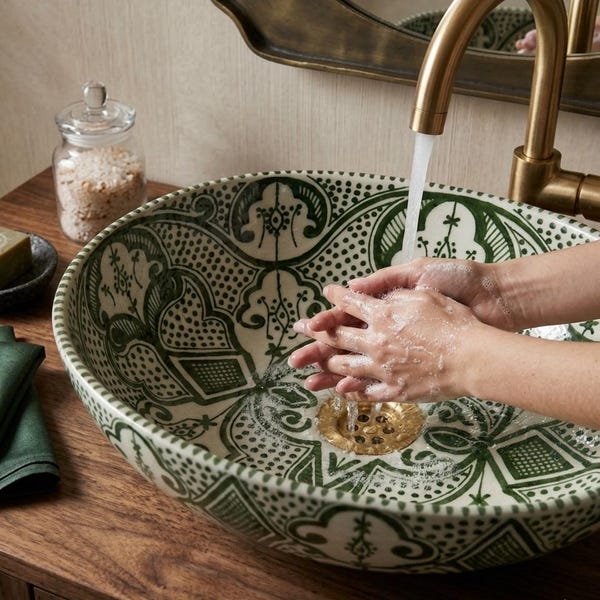 Hand-Painted Oval  ceramic Basin - Bathroom Sink - Countertop Vessel Sink for Bathroom , Farmhouse & Boho  sink , artisan sink,Free Shipping