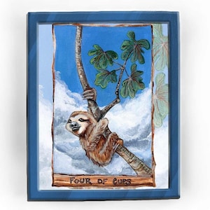Impression d'art paresseux, arbre cebropia, amoureux des animaux de zoo, carte quatre tasses, jeu de tarot animisme, lecteur de tarot cadeau, oeuvre d'art nature, décor animalier