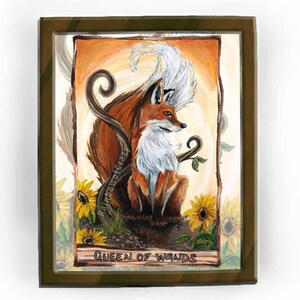 Impression de renard roux, décor de tournesol, grand art mural, carte de tarot reine des baguettes, affiche de la faune, orange et jaune, jeu de tarot animisme