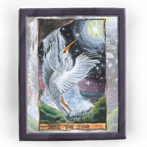 Impression Ibis, art cascade, oeuvre d'art oiseau blanc, carte de tarot étoile, cadeau animalier pour amoureux de la nature, tarot animisme, nuit étoilée, portrait animal