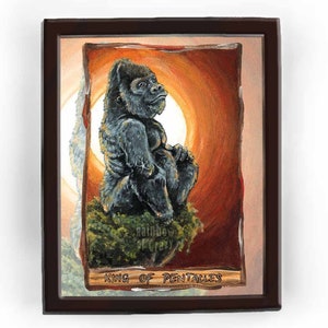Impression d'art gorille, décoration animalière, carte de tarot roi des pentacles, affiche animalière, cadeau pour amoureux de la nature, gorille au dos argenté, lecteur de tarot