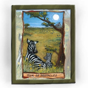 Arte con una zebra, paesaggio africano, carta dei tarocchi del Dieci di Denari, mazzo di tarocchi dell'Animismo, decorazioni con animali selvatici, grande arte, dimensioni di stampa personalizzate
