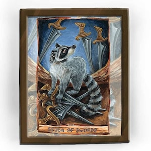 Art de raton laveur, impression de tarot, carte des sept épées, décor animalier, cadeau nature pour amoureux des animaux, lecteur de tarot, jeu de tarot animisme