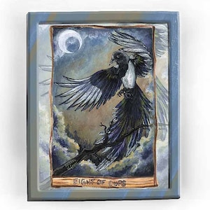 Impression de pie, oeuvre d'art murale oiseau noir, carte de tarot huit tasses, ciel nocturne, croissant de lune, esprit animal, affiche nature, jeu de tarot animisme