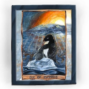 Impression de manchots Adélie, art animalier, paysage de l'Antarctique, carte des six épées, tarot animiste, oeuvre d'art de guérison, cadeau de deuil, chapitre suivant