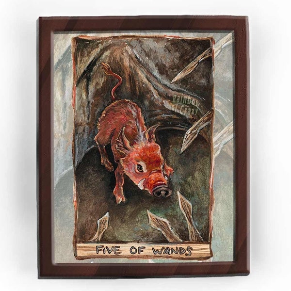 Wild Boar Print, Pig Illustration, Five of Wands Tarot Card, Wildlife Decor, Forest Animal Wall Art, Animism Tarot Gift