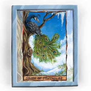 Impression paon, art oiseau, décoration rustique, dimension personnalisée, carte de tarot sept pentacles, illustration d'hiver, cadeau pour amoureux des animaux, jeu d'animisme