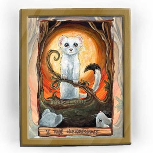 Impression d'art furet, hermine blanche, carte de tarot hiérophante, décoration pour animal de compagnie, impression belette, ciel orange, jeu de tarot animisme