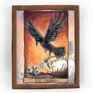 Art de la mort, impression de corbeau, oeuvre d'art de coucher de soleil, crâne d'oiseau noir, image de rose blanche, portrait d'animal, jeu de tarot d'animisme, amant de corbeau