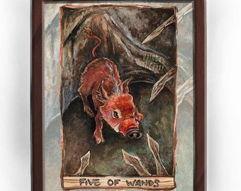 Wild Boar Print, Pig Illustration, Five of Wands Tarot Card, Wildlife Decor, Forest Animal Wall Art, Animism Tarot Gift