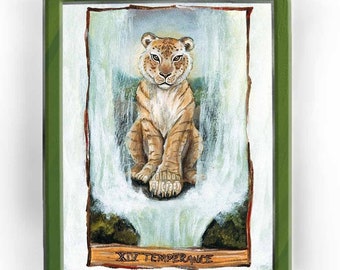 Liger Print, Tiger Art, Lion Artwork, Waterfall Image, Temperance Tarot Card, Wildlife Decor, Gift For Tarot Reader, Animism Tarot