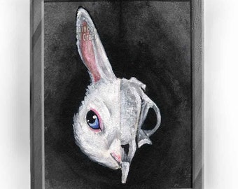 White Rabbit Art, Skull Gift, Bunny Print, Large Wall Art, Black and White, Gothic Home Decor, Blue Eyes, Woodland Animal