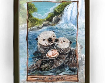 Cute Otter Art, Waterfall Print, Nature Lover Gift, Ace of Cups Tarot Card, Zoo Animal Decor, Woodland Animal Nursery, Animism Tarot Deck